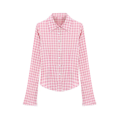 Y2k Pink Plaid Shirts Check Graphic Long Sleeve Blouses Female Spring Autumn Slim Button Up Cardigan Ins