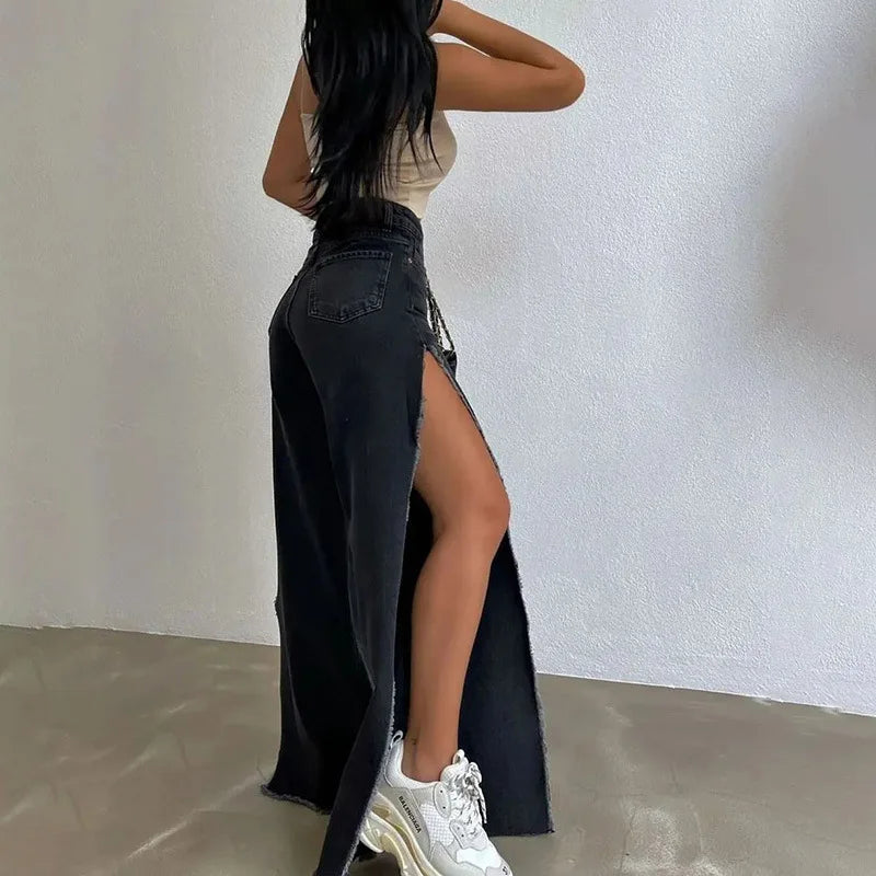 Split Straight Jeans Long Pant Fur Denim Trouser Female Street Clothing Summer New Jeans