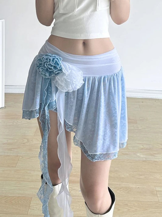 French Lace Irregular Mini Skirts Office Lady Causal Hot Girl Slim Short Skirts Summer Korean Rose Aline Skirts