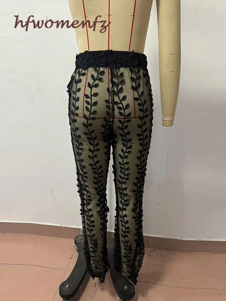 Blazer Pants Sets Single-breasted Blazer Cut Waist Coats Pearls Mesh Sheer Trousers Suits Y2k Clothes Matching Sets