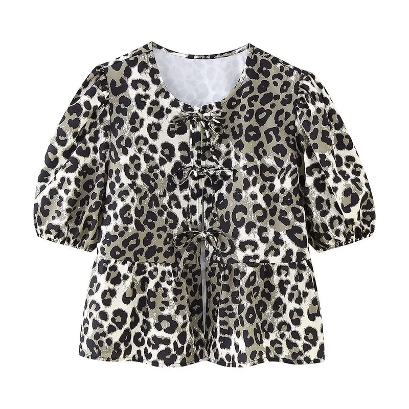 Summer Printed Cropped Shirts Top Puff Short Sleeves Round Neck Blouse Female Laceup Tshrit