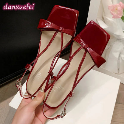 Patent Leather Narrow Band Thin High Heel Cross Strap Sweet Bowtie Sandals Summer Pumps Shoes