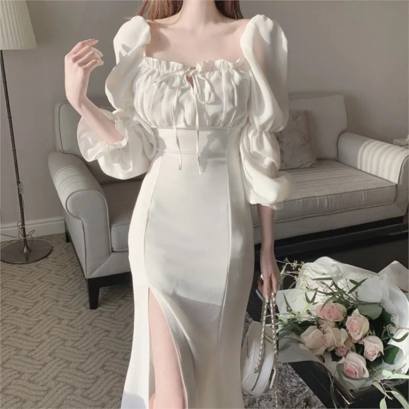 Autumn New Bodycon Midi Dresses for Puff Sleeve Square Collar High Split Office Lady Korean Evening Party Dress