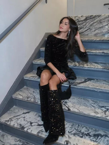 Sequined Patchwork Mini Dress Woman Backless Laceup Long Sleeve Oneck Short Vestidos Evening Party Dresses