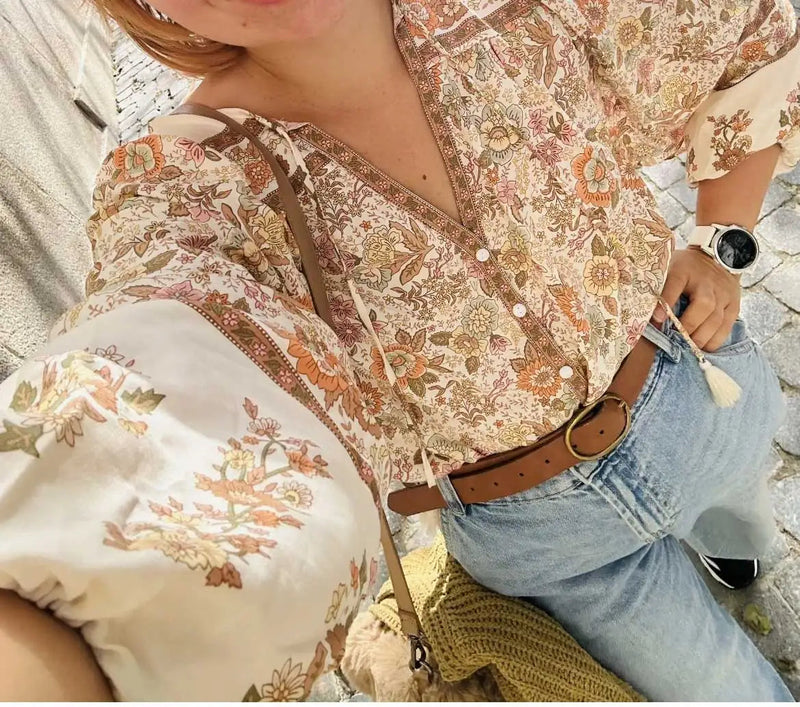 Super Print V-neck Tassel Blouse