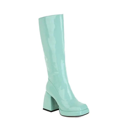 Mint Green White Patent Leather Knee High Boots Square High Heels Waterproof Platform Party Fetish Shoes 42 43