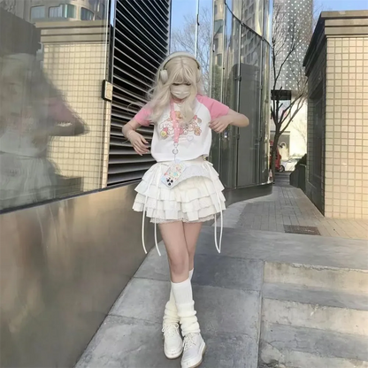 Kawaii Patchwork Lace Up Japanese Cutecore Mini Skirt Summer Lolita Skirt Harajuku White High Waist Aline Lace Skirt