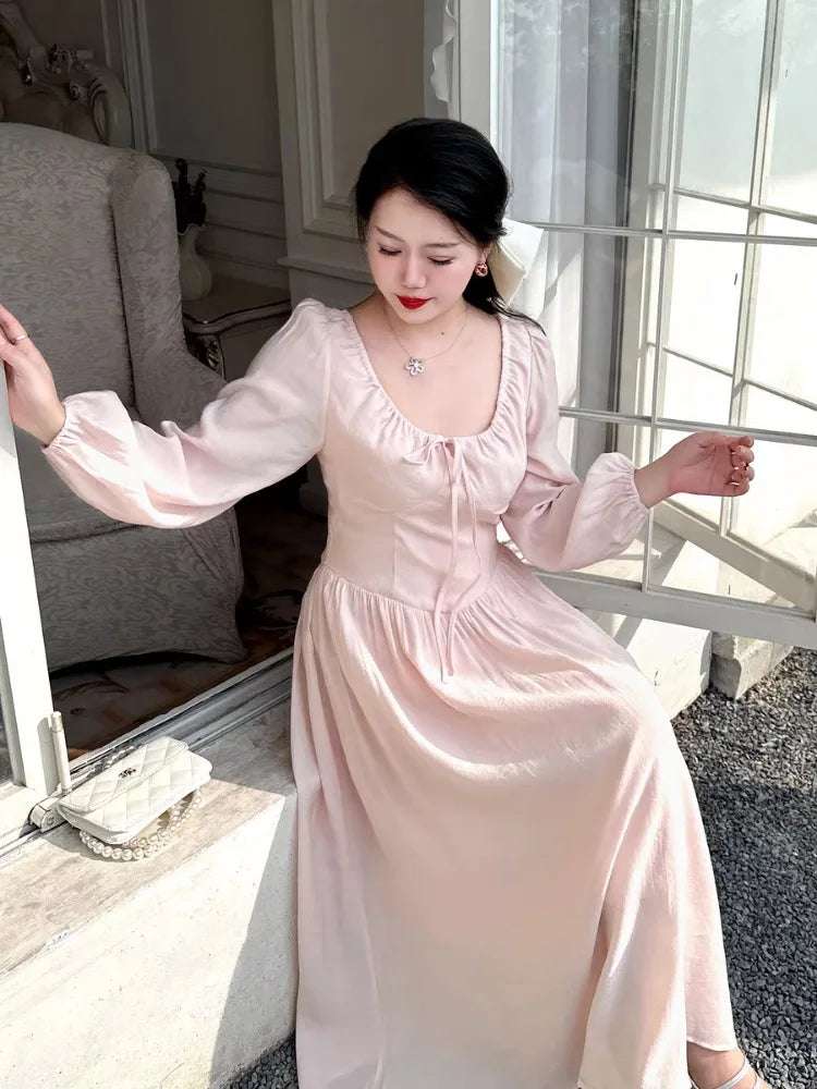 Pink Long Sleeved Dress Autumn Gentle Thin Goddess Gentle Princess Sweet Temperament Fairy Skirt Long Dresses