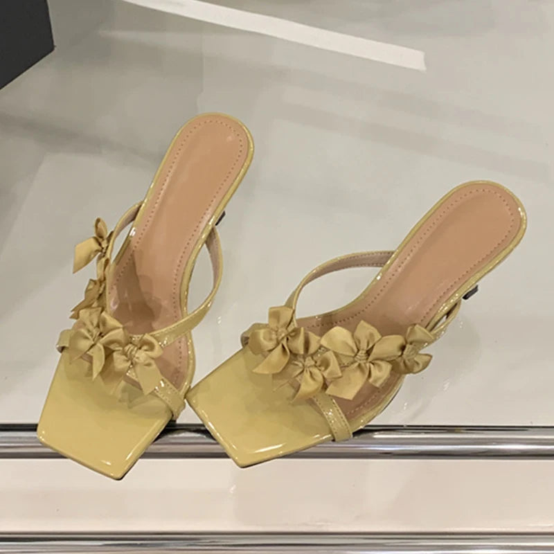 Designer Yellow Silk Flowers Narrow Band Square Toe Mules Low Thin Heels Slippers Gladiator Sandals Summer Shoes