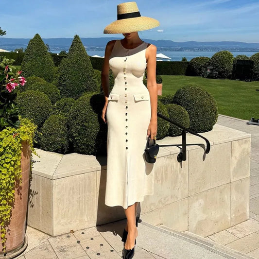 Knitted Long Dress for Sleeveless Button Maxi Sweater Bodycon Dresses Female Party Vestidos