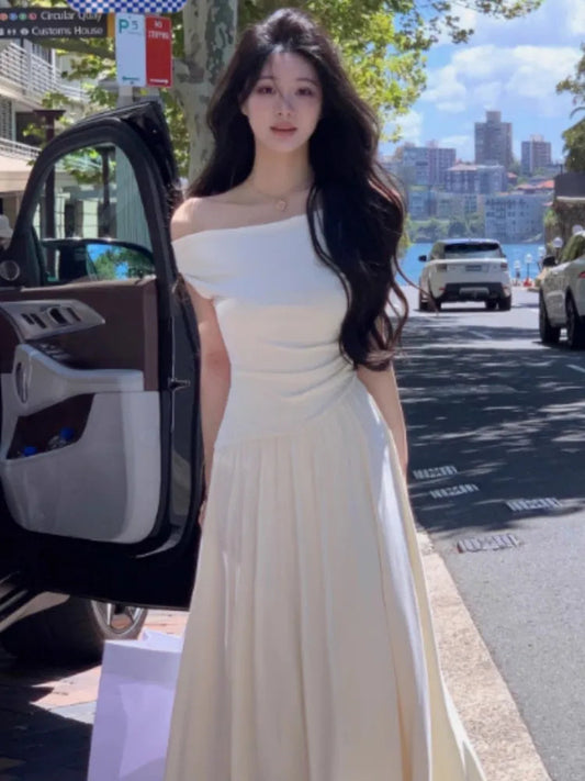 White Long Dresses Fairycore Slash Neck Inclined Shoulder Vestidos Summer Laceup Ruched Trumpet Dress