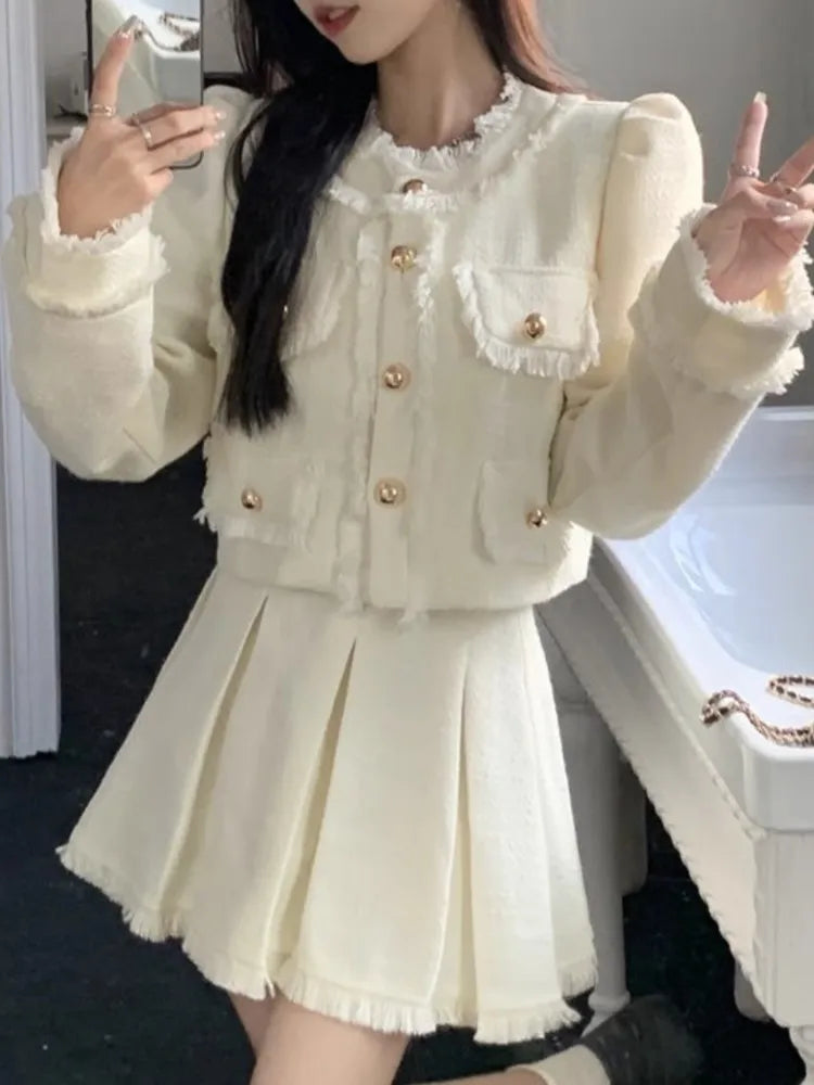 Korean Tweed Skirts Suit Jackets Coat Mini Pleated Skirts Two Pieces Set Female Clothes Outfits