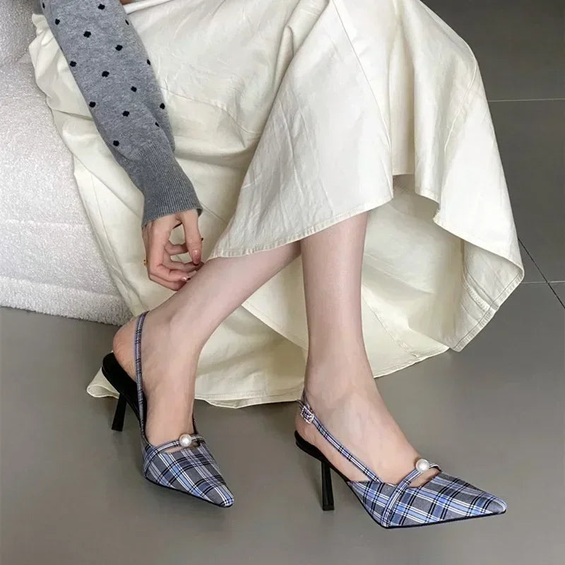 Pointed Toe Retro Plaid High Heels Slingbacks Shoes Pumps Office Dress Shoes Sandalias De Mujer