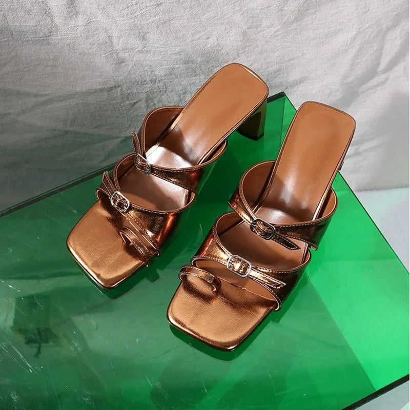Antique Brown Patent Leather Double Buckle Strap Slides Designer Square Open Toe Low Block Heel Sandals Flip Flops Shoes