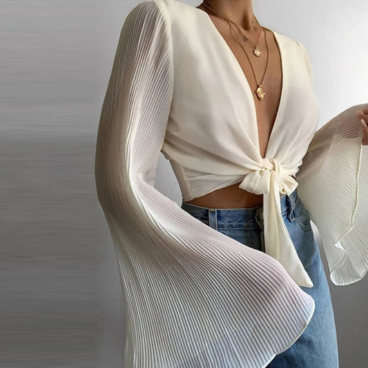 Bell Sleeve Pleated Chiffon Blouse