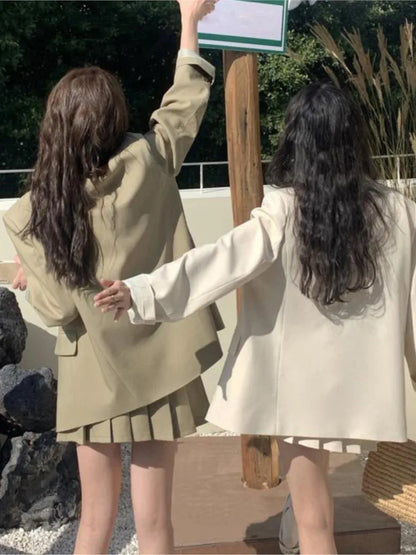 Korean Two-piece Skirt Set Single Breasted Blazer Coat + Pleated Mini Skirt Autumn Office Lady Suits