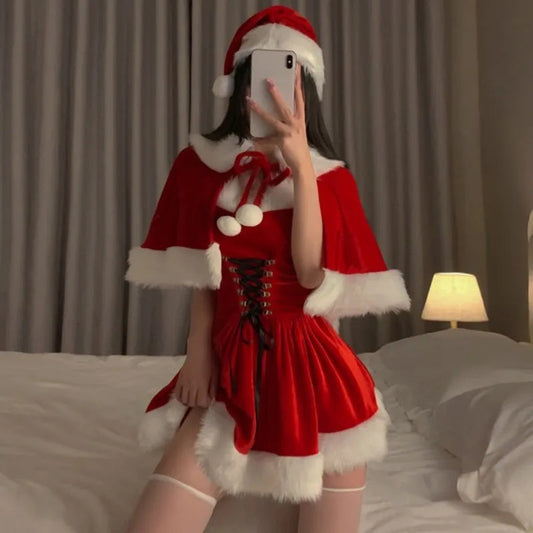 Kawaii Dress Suits for Sweet Strapless Bandage Party Prom Mini Dresses Red Shawl Christmas Hat 3 Piece Set Holiday Outfits