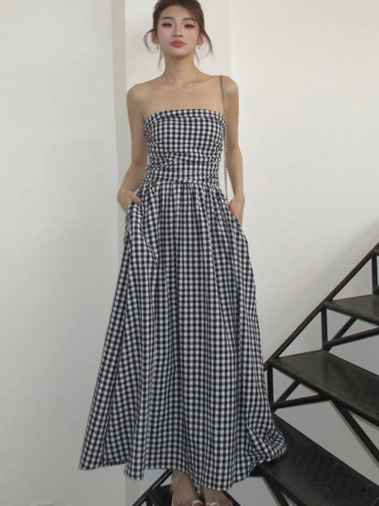 Strapless Midi Dresses for Striped Sleeveless A-line Korean Summer New Party Dress Vestidos Mujer