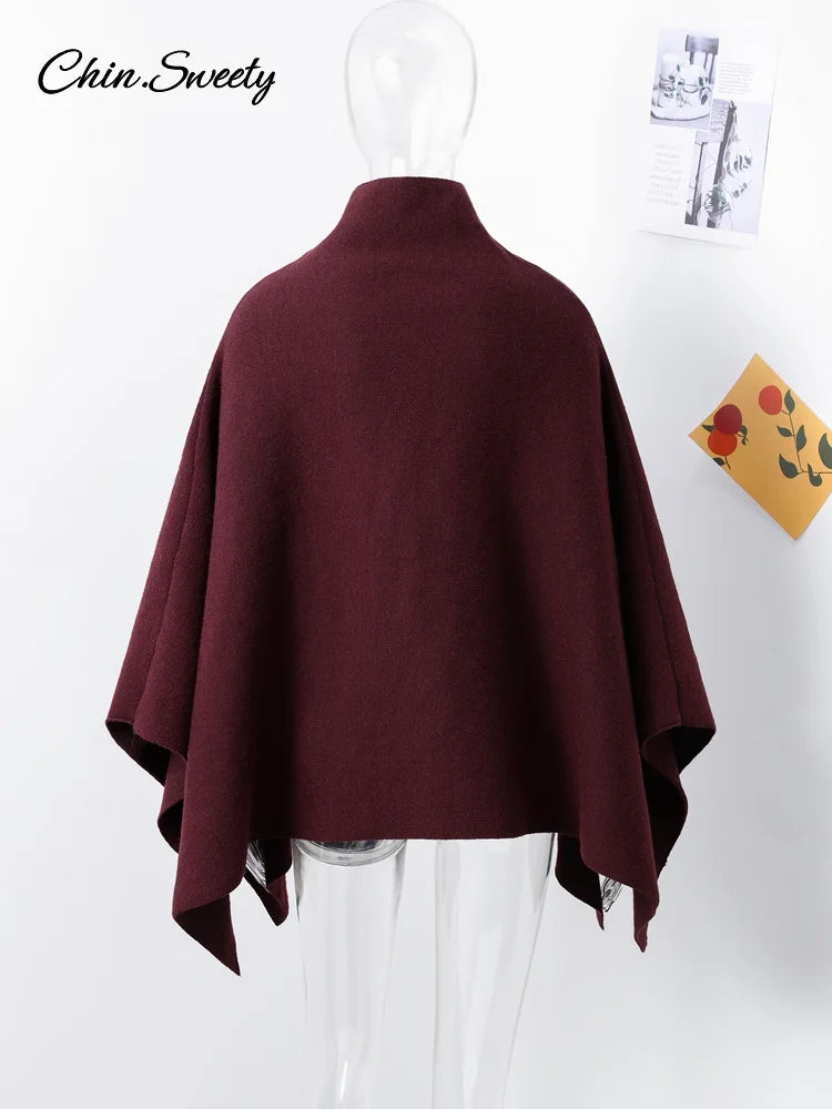 Loose Burgundy Cloak Cape Sweater Knit Turtleneck Loose Raglan Sleeve Pullovers Female Autumn Lady Asymmetric Outwear