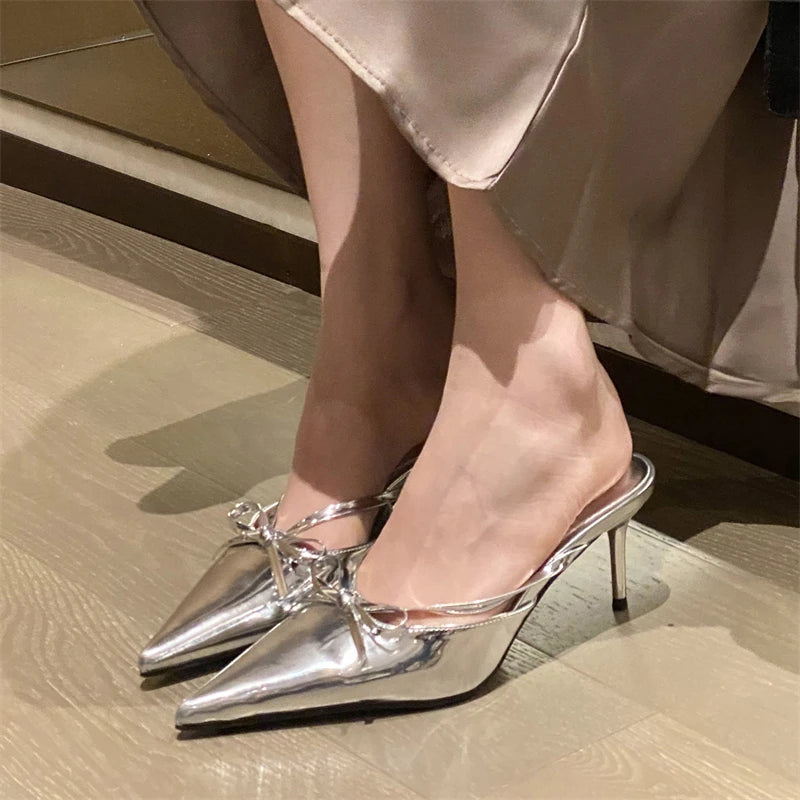 Silver White Butterflyknot Pointed Toe Slippers Shoes Party Dress Thin Heels Sandals
