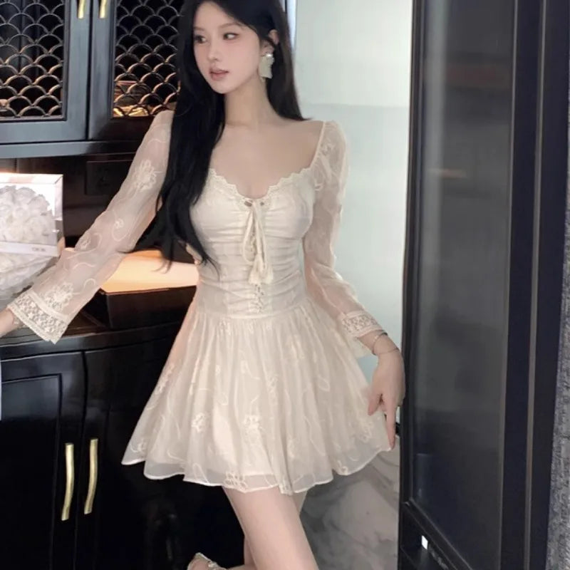 Lace Mini Dresses Spring Autumn V Neck Dress Korean Aline Vestidos Mujer