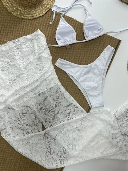 Summer 3 Piece-set Trousers Swimwear V-neck See-through Backless Top and Printed ’s Pants Outfits