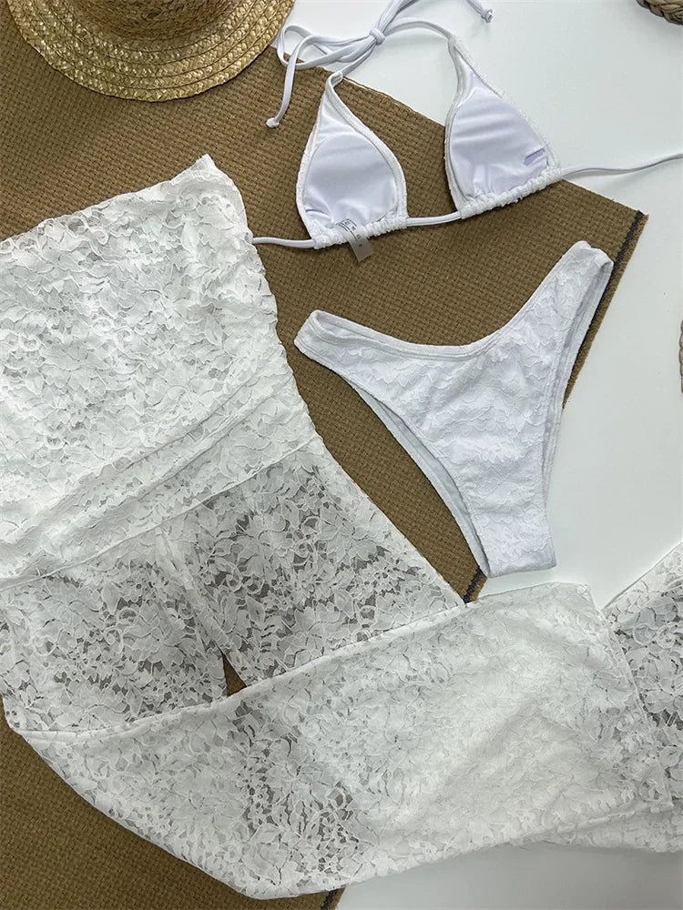 Summer 3 Piece-set Trousers Swimwear V-neck See-through Backless Top and Printed ’s Pants Outfits