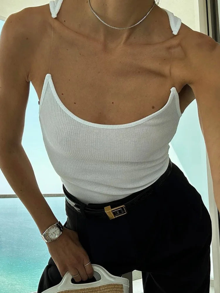New Invisible Strap Tank Top for Knit Ribbed Sleeveless Basic T-shirt Cropped Corset Bustier Tops With Open Shoulder