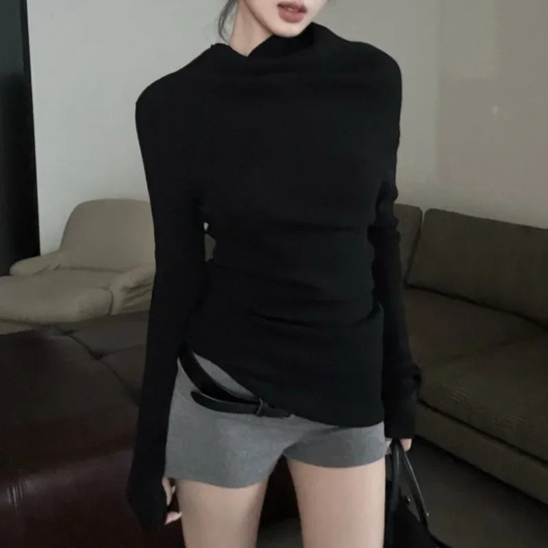 Korean Retro Strapless Asymmetric Longsleeved Sweater Spring New Slant Collar Pleated Slim Knitted Tops