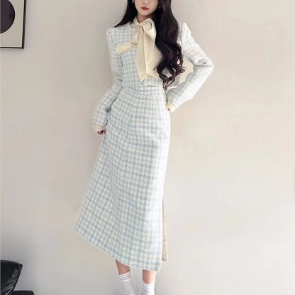 Korean Two-piece Skirt Sets Crop Jacket Coat Bodycon Midi Skirt Autumn Winter New Female Outfits