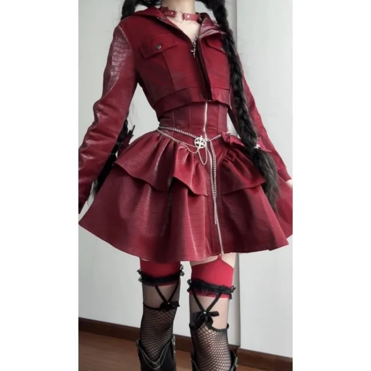 Sweet Hoodie Long Sleeve Coat + Y2k Slim Waist Halter Ruched Vest Dresses Autumn New Two Piece Sets