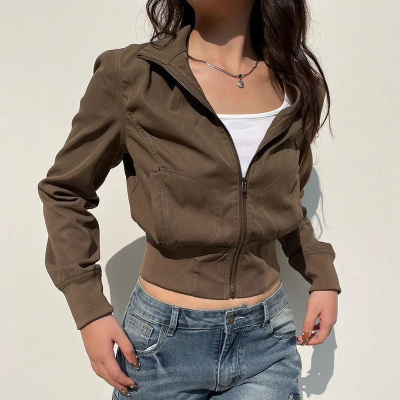 Long Sleeves Pockets Cargo Coats Slim Jackets Y2k Aesthetic Zip Up Clothes