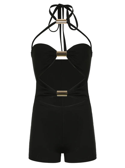 Hollow Out Skinny Tie Halter Rompers Sleeveless Rave Summer Vacation Baddie Playsuits