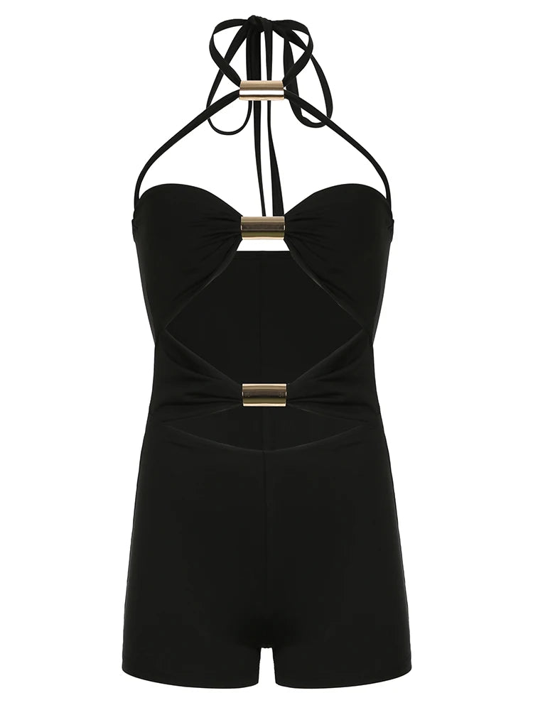 Hollow Out Skinny Tie Halter Rompers Sleeveless Rave Summer Vacation Baddie Playsuits