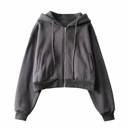 Autumn Spring Zip Up Hoodies Pockets Slim Crop Top Jacket Female Clothes Drawstring White Hoody Cotton Coats