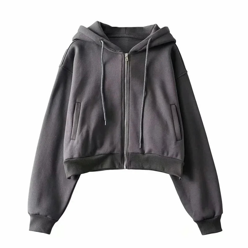 Autumn Spring Zip Up Hoodies Pockets Slim Crop Top Jacket Female Clothes Drawstring White Hoody Cotton Coats