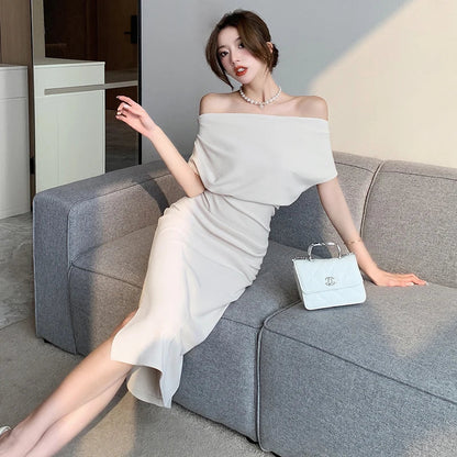 French Temperament Celebrity Wind Strapless Oblique Collar Dress Female Spring and Summer Slim Open Package Hip Long Dress