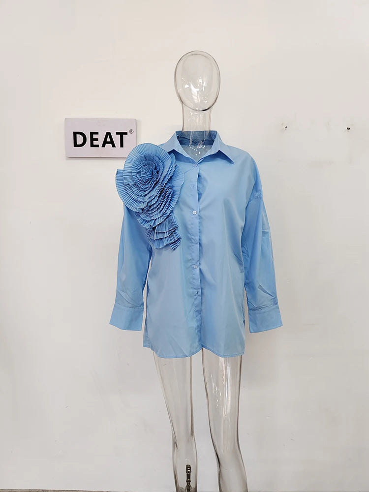 Shirt Lapel Long Sleeves Single Breasted Threedimensional Flower Color Blouse Autumn New 3wq505