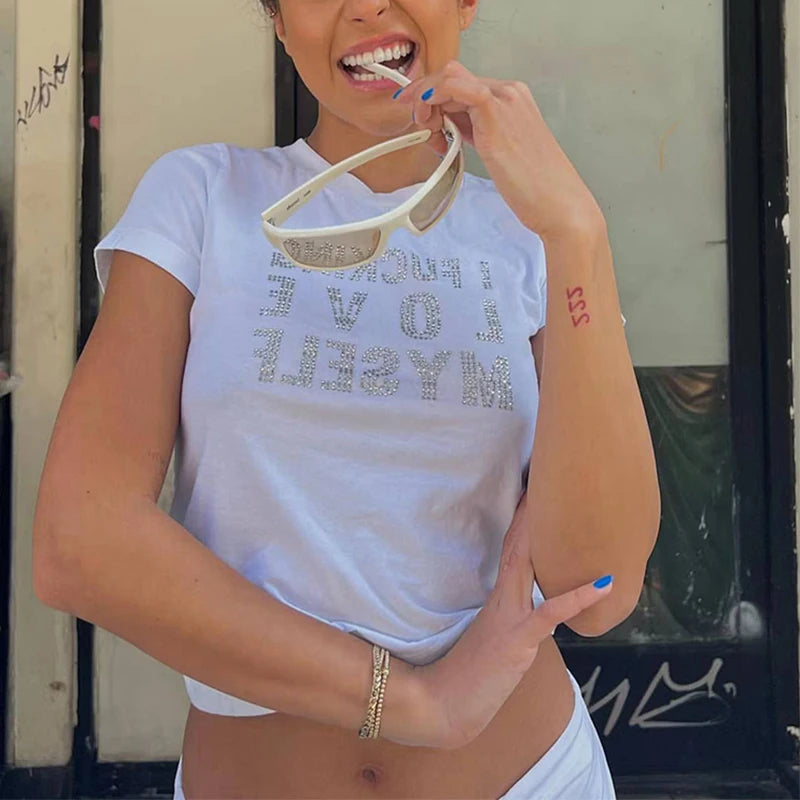 Summer European and American Style Short Sleeved T-shirt With Letter Hot Diamond Top, T-shirt With Slim Fit Inside for