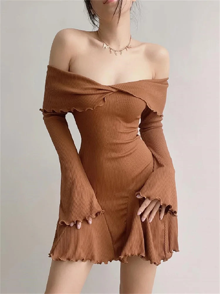 Black Knit Ruffled Mini Dress Patchwork Offshoulder Loose Slim Ribbed Dress Knitwear Clothes Female Dress