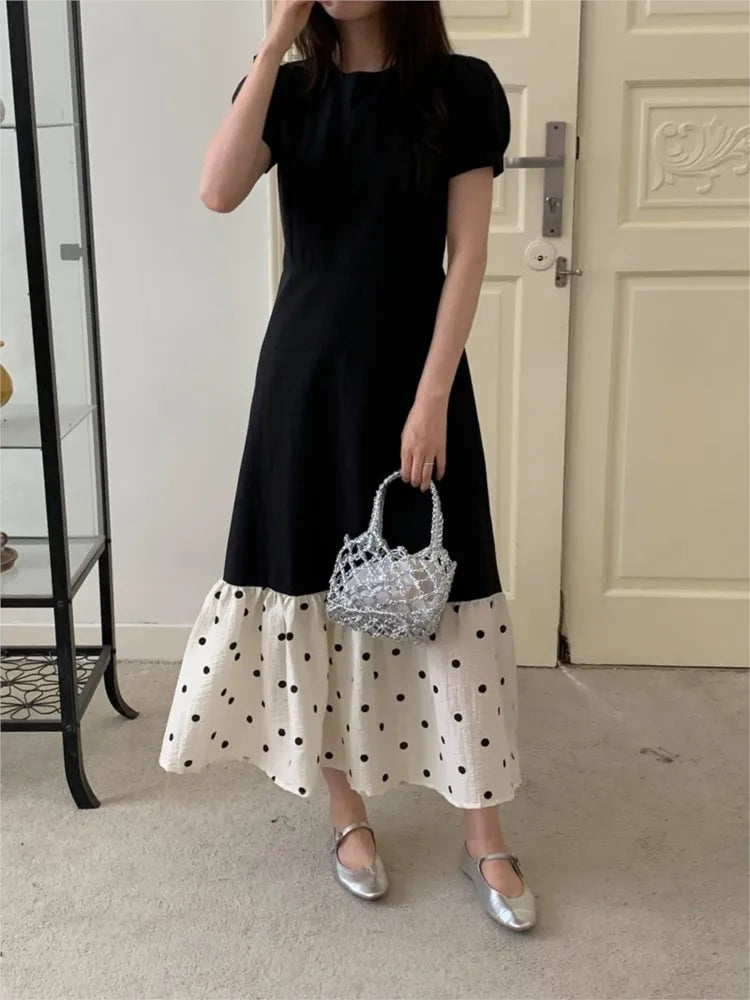 French Style Mermaid Dress Summer Slim Color Collision Polka Dot Fishtail Long Dress