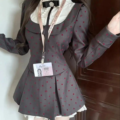 College Style Dress French Lapel Fake Twopiece Polka Dot Splicing Fungus Waist Dress Autumn New Aline Skirt