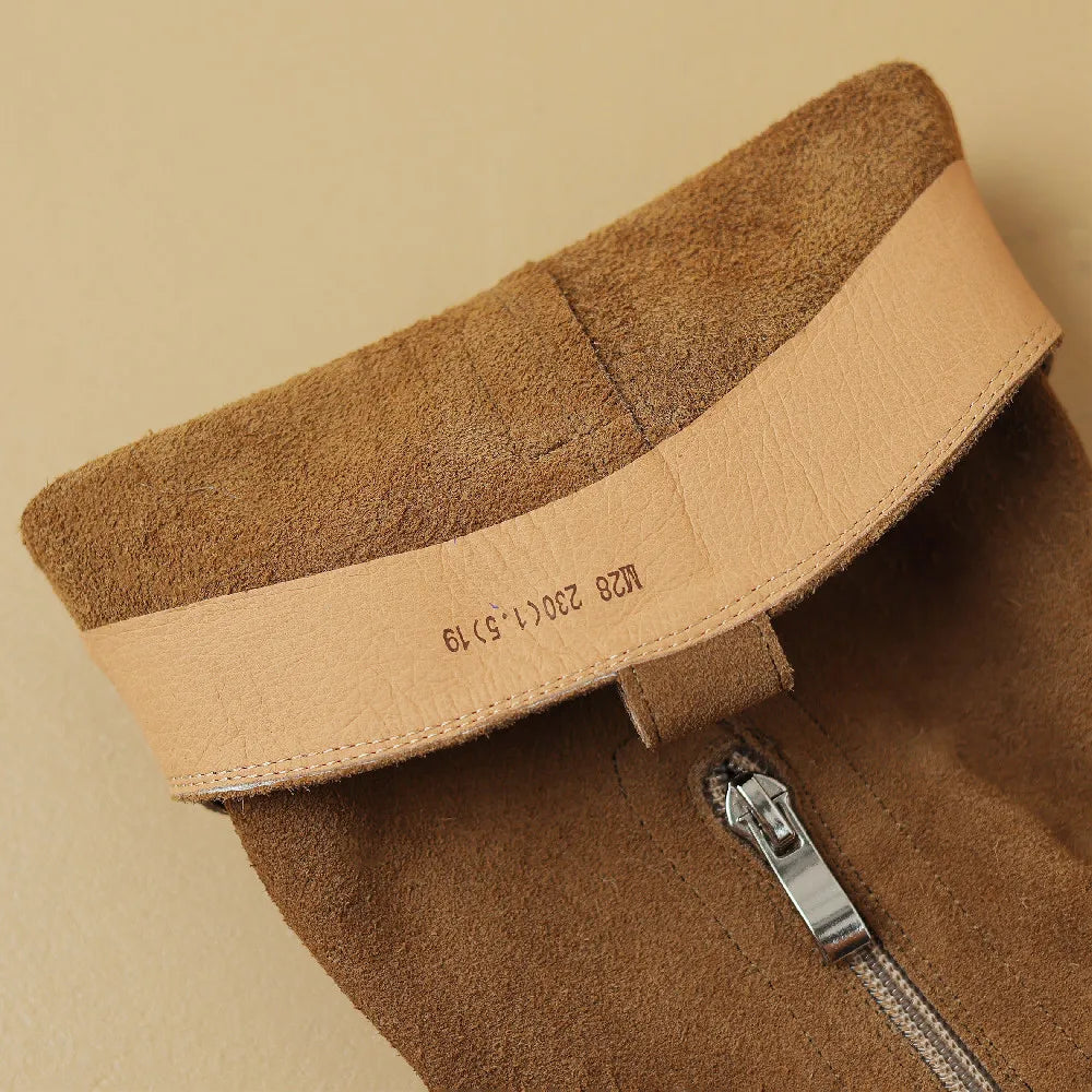 Natural Suede Leather Square Toe Side Zip Autumn Knee High Western Boots Female Long Boots Shoes