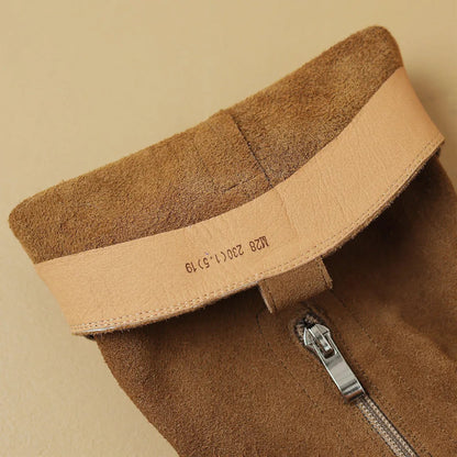 Natural Suede Leather Square Toe Side Zip Autumn Knee High Western Boots Female Long Boots Shoes