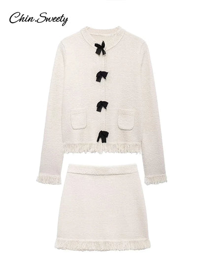 Tassel Knit Skirt Set Bow Buckle O-neck Long Sleeve Cardigan Sweater Mini Skirts Suit New in Matching Outfit
