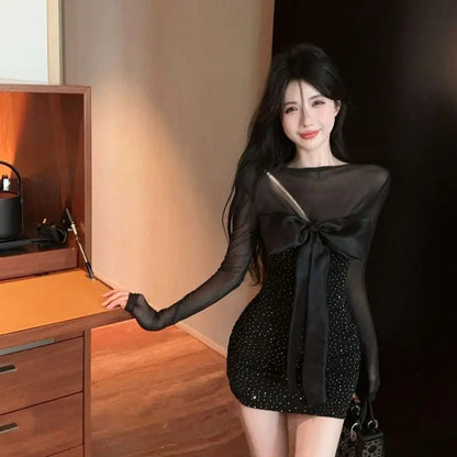 Mini Dresses Mesh Patchwork Bow Hollow Out Slim Shiny Long Sleeve Dress Party Club Female