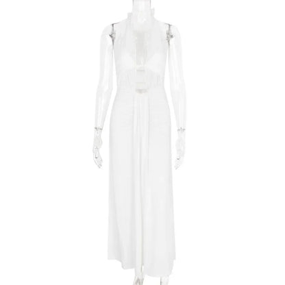 Halter Neck Hollow Long Dress White Pleated Backless Evening Dress Lace Up Sleeveless Long Dress