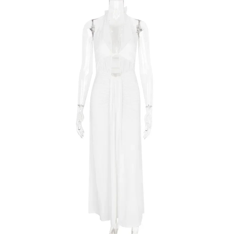 Halter Neck Hollow Long Dress White Pleated Backless Evening Dress Lace Up Sleeveless Long Dress