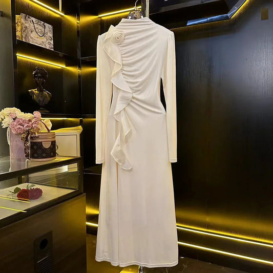 French Highend Temperament Long Sleeve White Dress for Autumn New Half High Neck 3d Flowers Slimming Maxi Dress