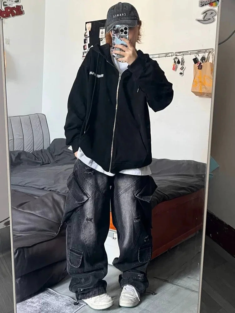 Black Ripped Cargo Jeans Hip Hop Harajuku Causal Loose Do Old Straight Wide Leg Denim Pants Y2k Mujer Trouser